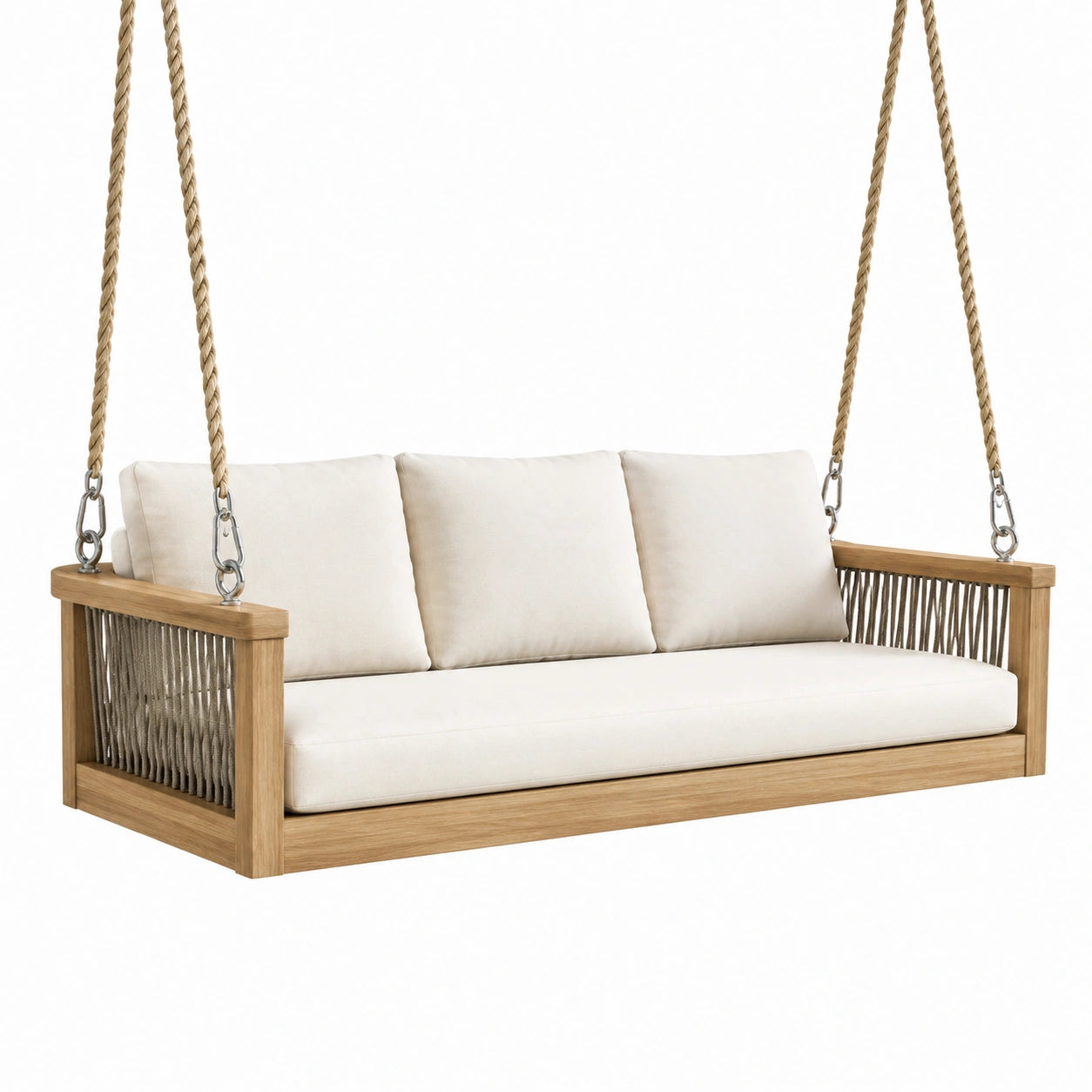 Teakholz Schaukelbank mit Kissen aus Polyester Beige