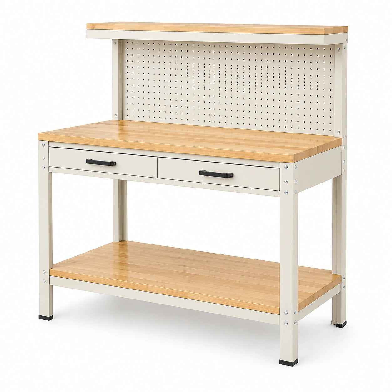 Werkbank mit Rückwand und Regal Buche Stahlgestell 120x60x150cm Beige