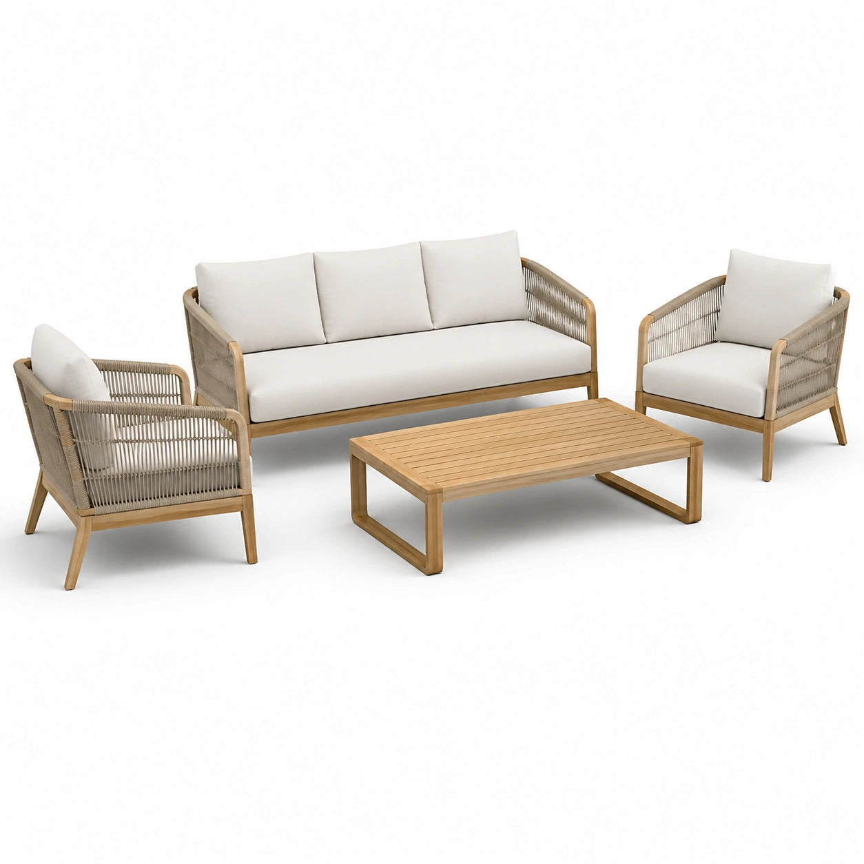 Gartenmöbel Set aus Akazienholz und Polyesterseil, Creme