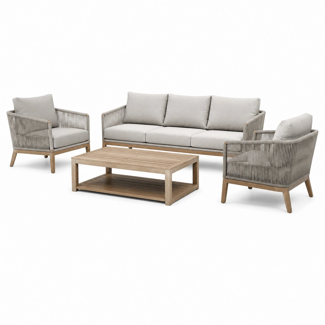 Gartenlounge-Set aus Akazienholz mit Polyrattan und Polyesterkissen in Hellgrau
