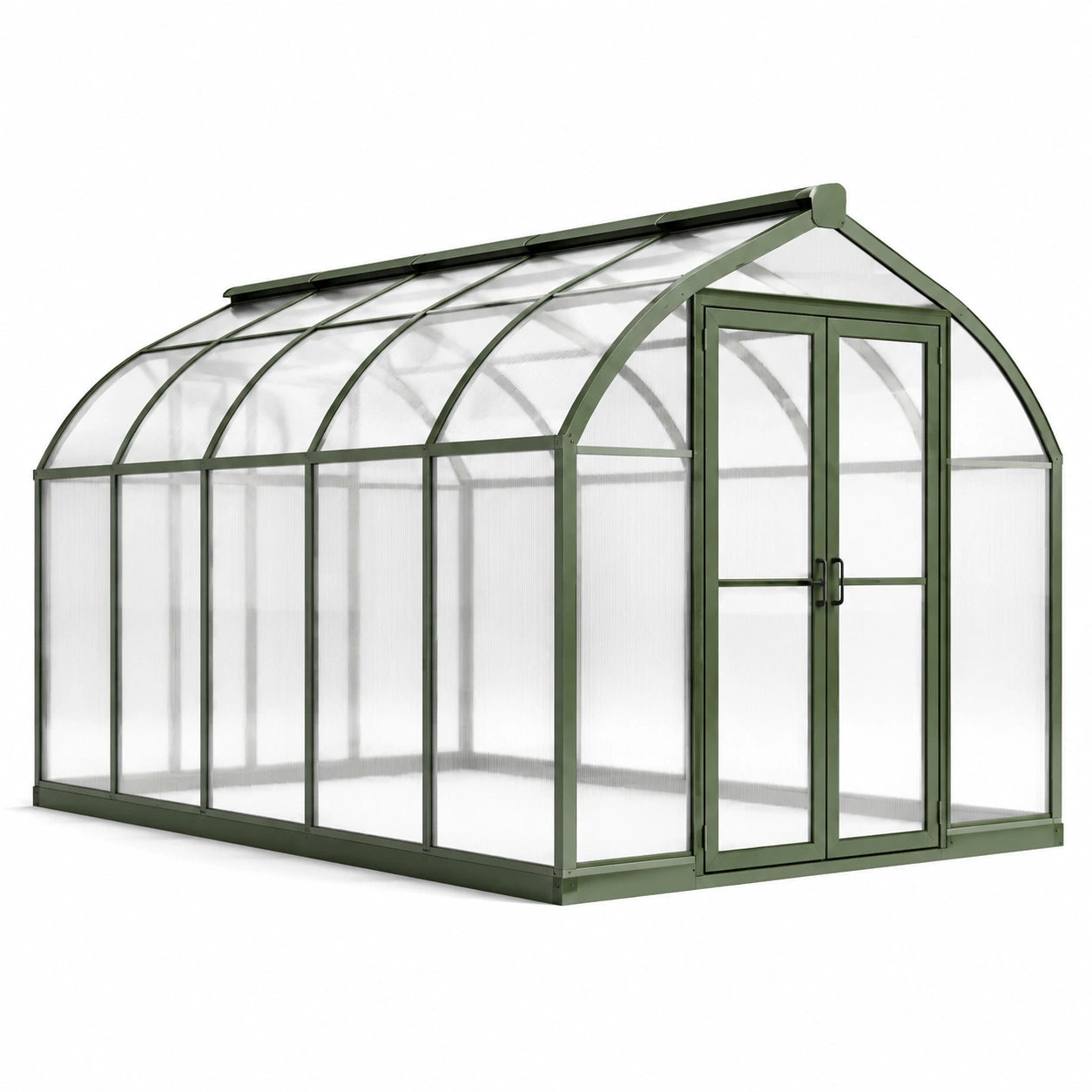 Gewächshaus mit gebogenem Dach aus Polycarbonat und Aluminium, grün