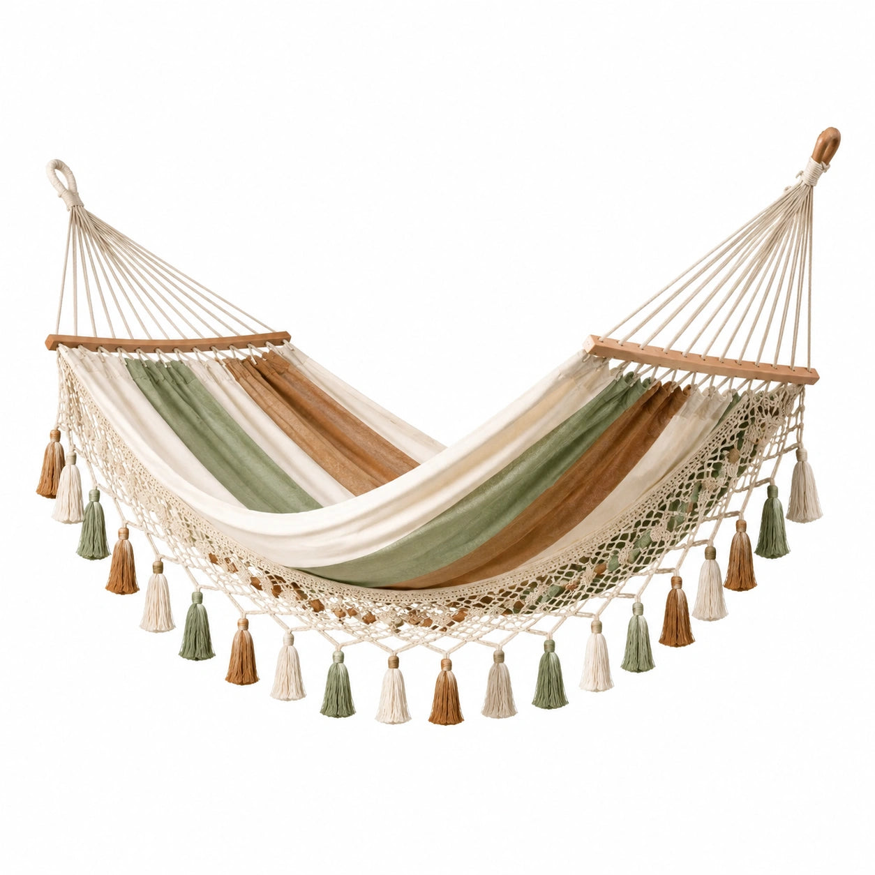 Hängematte aus Baumwolle und Holz, Beige/Grün/Braun