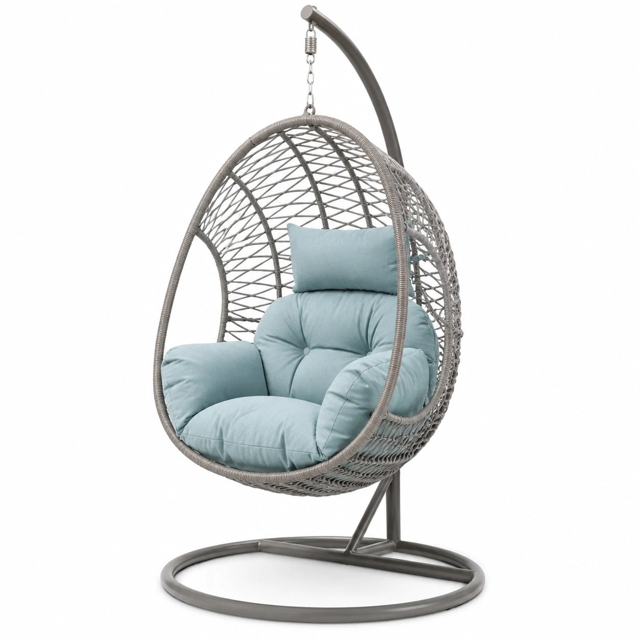 Hängesessel Ei-Form Polyrattan mit Stahlrahmen und Polyester Kissen Blau