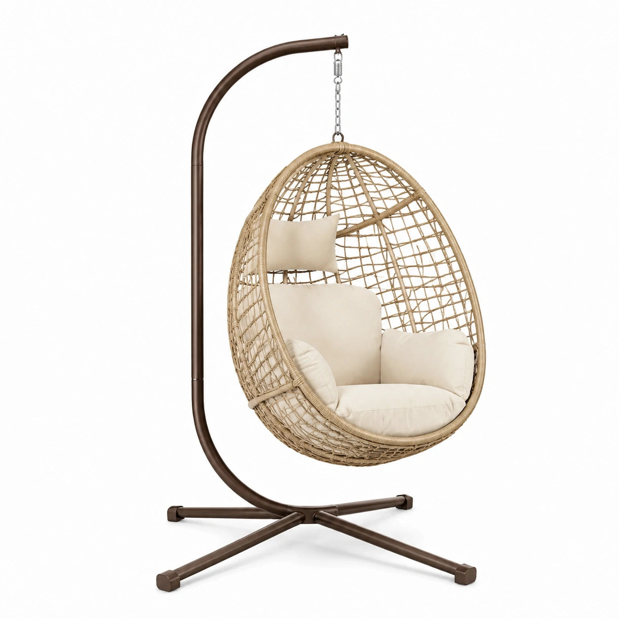 Rattan-Hängesessel mit Stahlgestell und Kissen Beige