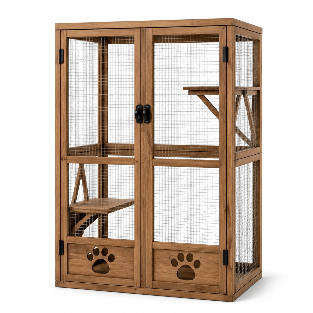 Holz-Katzengehege mit Drahtgitter und Regalen
