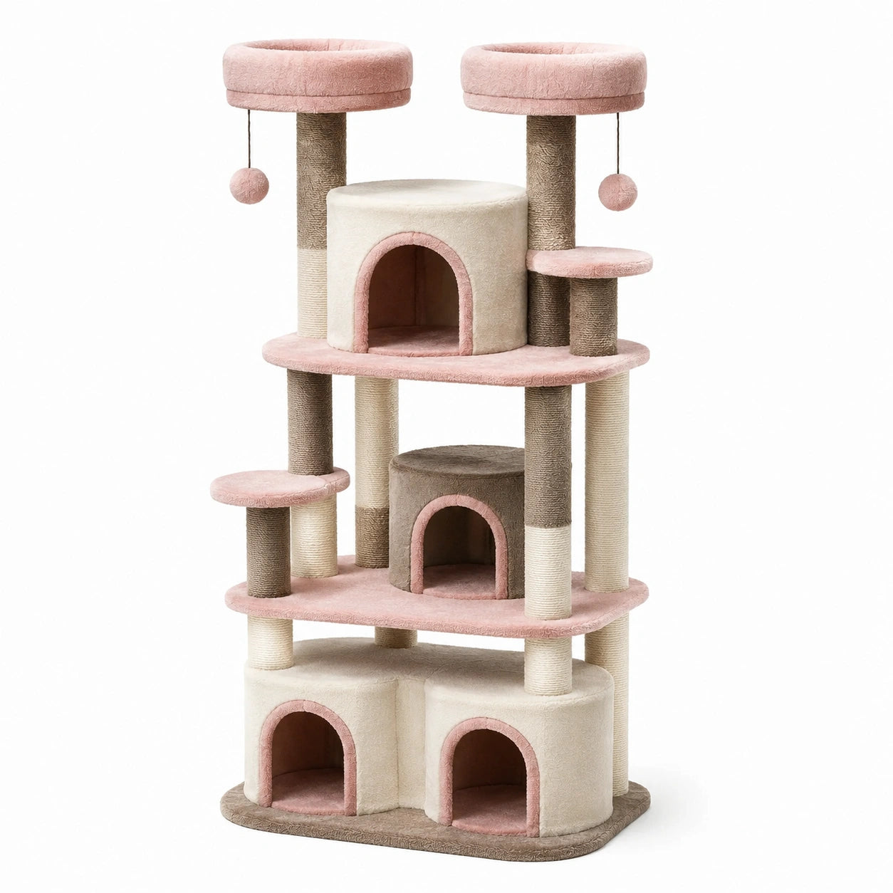 Katzenkratzbaum mit 3 Ebenen und Höhlen, Rosa/Beige