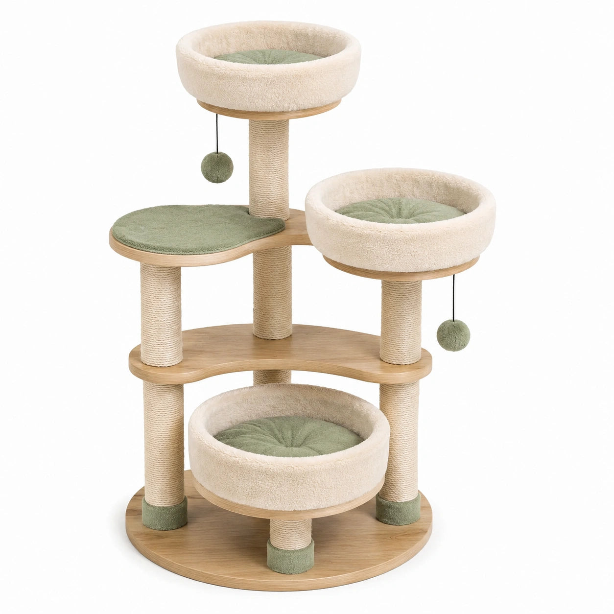 Kratzbaum aus Holz, Sisal und Plüsch, 120 cm, Beige/Grün