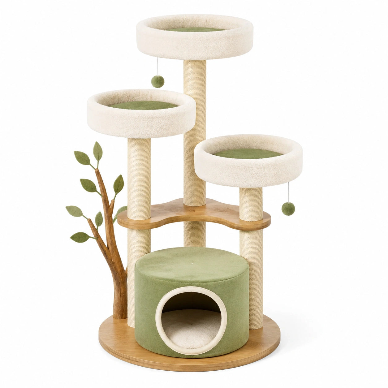 Katzenbaum aus Holz mit Sisal und Stoff in Grün/Creme