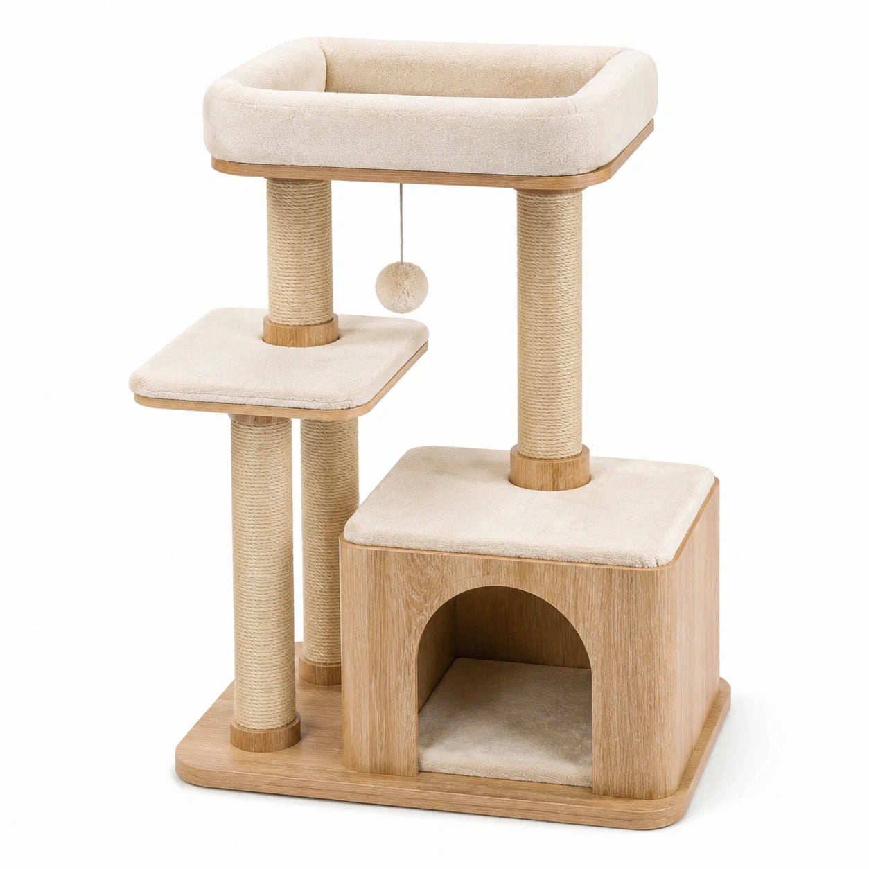 Kratzbaum aus Holz mit Höhle und Spielball, 60 cm, Beige