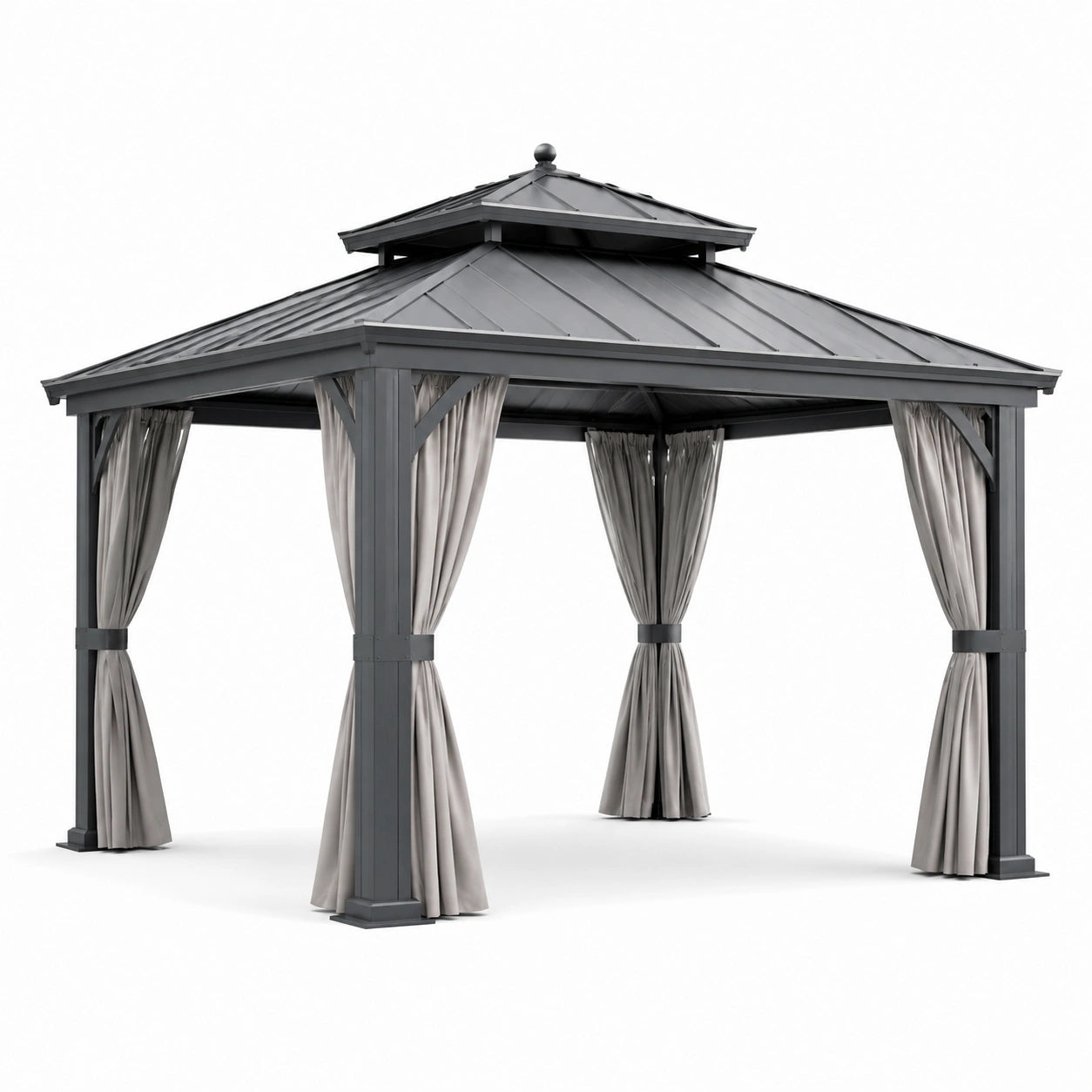 Gartenpavillon Aluminium 3x3m mit Polycarbonatdach in Anthrazit und Grauen Vorhängen